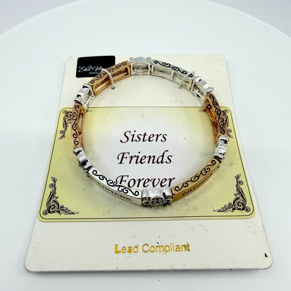 Eden Merry Two-Tone Sisters Friends Forever Stretch Bracelet Rhinestones